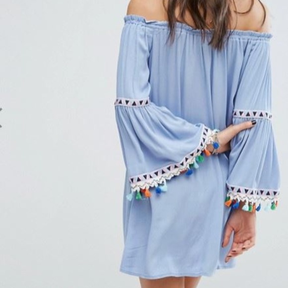 ASOS Blue Off Shoulder Dress w/Rainbow Tassels - Picture 7 of 8